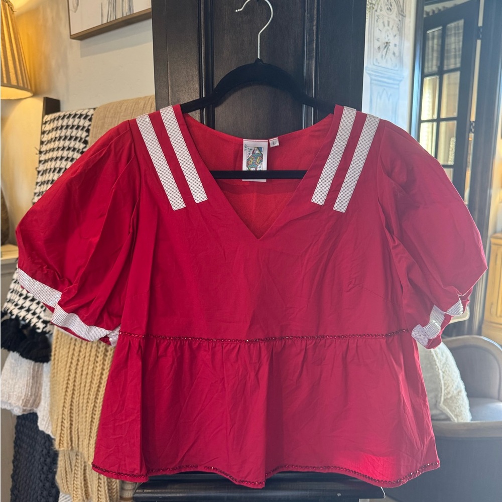 Red V-Neck Blouse with White Stripes